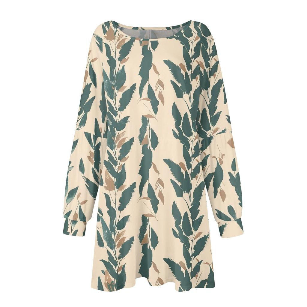 Модное женское платье трапециевидной формы с длинным рукавом. Осенний повседневный пуловер с круглым вырезом. Свободное платье с карманами.