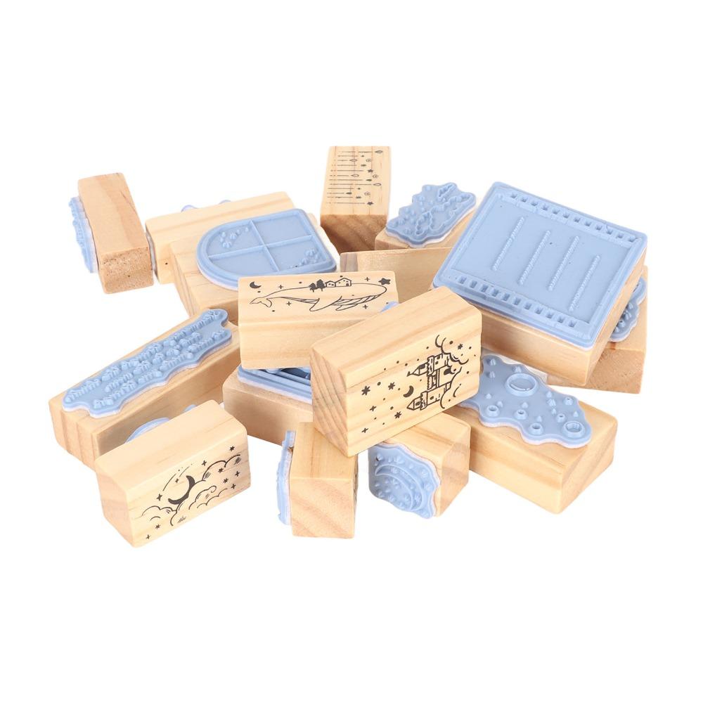 16pcs Delicate Carving Wooden Rubber Stamp Set Clear Imprint Rectangle Stamp Set For DIY Crafts