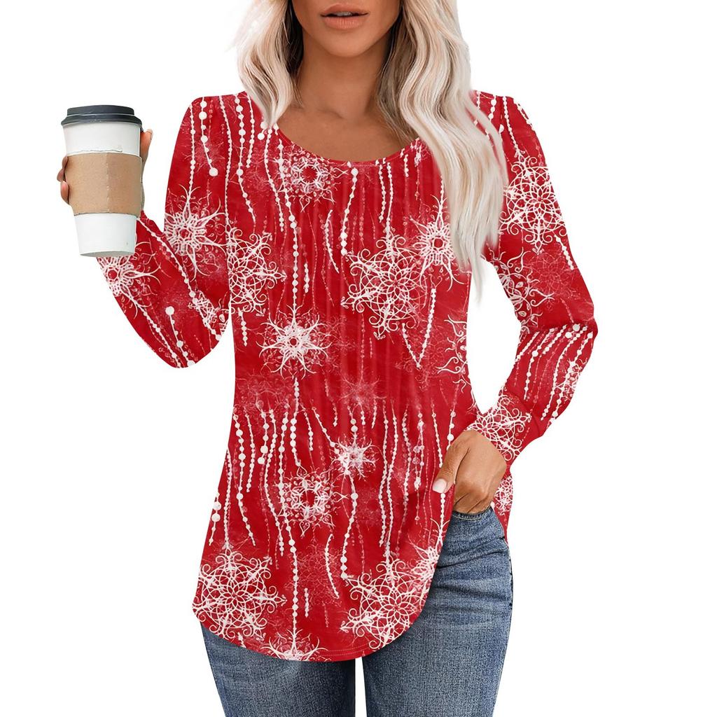 Рубашки с длинным рукавом для женщин, топы, нарядные повседневные блузки с рождественским принтом, плиссированные туники с круглым вырезом