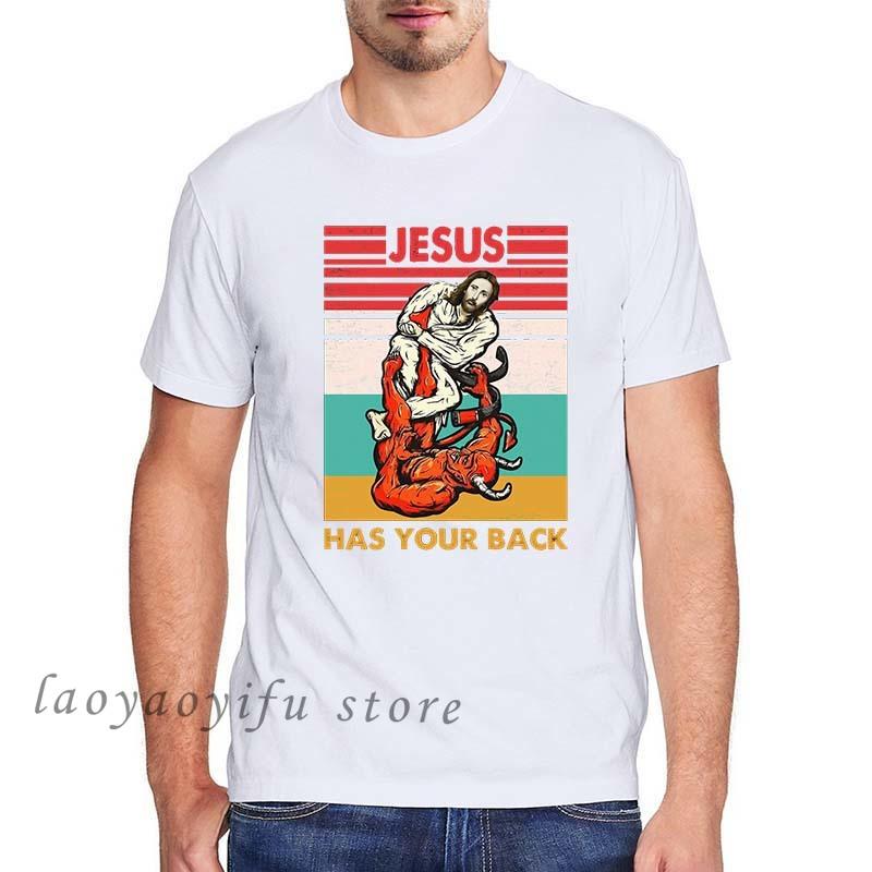 Men Clothing Jesus Has Your Back Jiu Jitsu Vintage Christian Short-sleev Tops Male Kawaii Clothing Oversized T Shirt Ropa Hombre