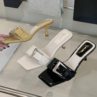 Модные лакированные шлепанцы с пряжкой, брендовые шлепанцы, женские модные шлепанцы с открытым носком, на тонком каблуке, элегантные, удобные, на высоком каблуке