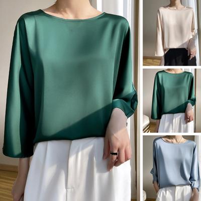 Весенне-летняя женская блузка с круглым вырезом и расклешенными рукавами 3/4, однотонная свободная гладкая атласная тонкая футболка, уличная одежда