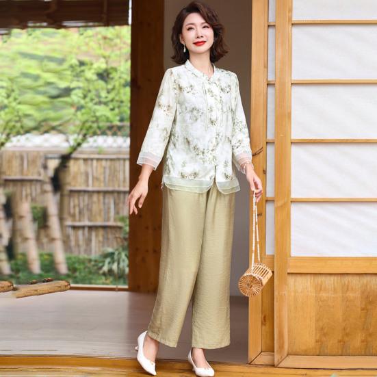 2 шт./компл. женский костюм в стиле ретро в китайском стиле плюс размер воротник-стойка с цветочным принтом и половиной рукава в стиле пэчворк, сетчатый топ с эластичной резинкой на талии и широкие брюки, комплект
