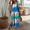 Women Summer Dress V-Neck Short Sleeve Side Slit Design Maxi Dress Tie Dye Print Loose Fit Casual Dress