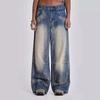 Y2k Vintage Women Jeans Back Wing Printed Rivet Washed Wide Leg Denim Pants Baggy Distressed Casual Trousers Streetwear
