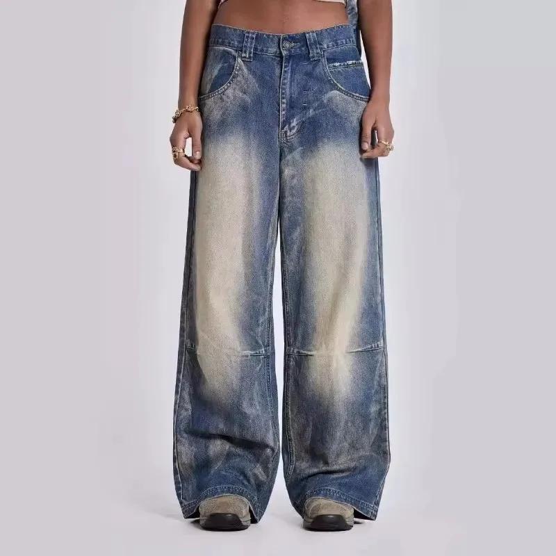 Y2k Vintage Women Jeans Back Wing Printed Rivet Washed Wide Leg Denim Pants Baggy Distressed Casual Trousers Streetwear