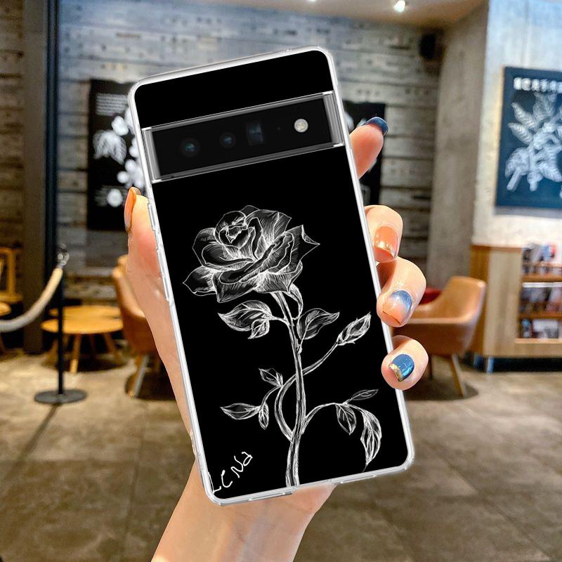 Черный чехол-накладка с цветочным принтом для Google Pixel 9 8 7 6 5 4 XL, противоударный силиконовый, 7A 6A 5A 4A 3A XL Pro 5G, прозрачный корпус, сумка