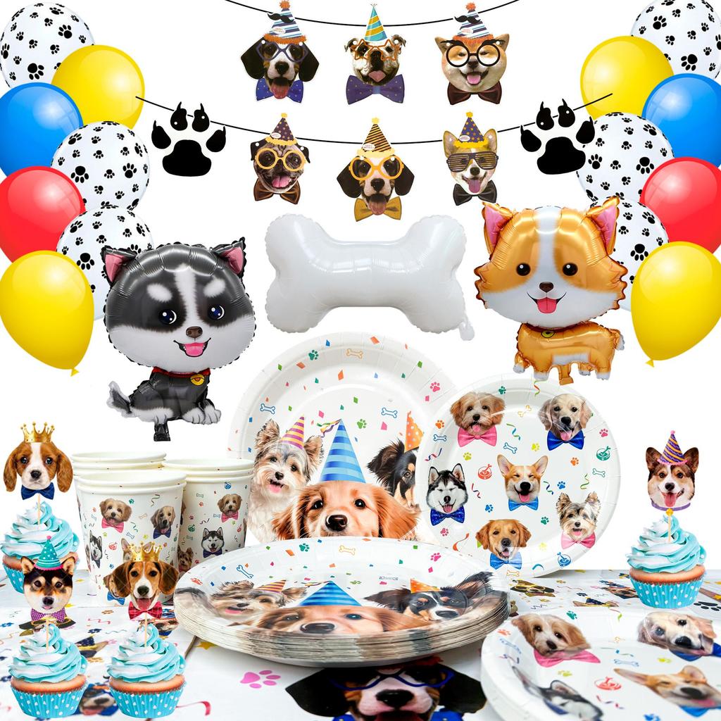Puppy Dog Birthday Party Supplies,Dog Party Decorations&Tableware Set-Birthday Banner Balloons,Party Plates Cups Table Cloth etc