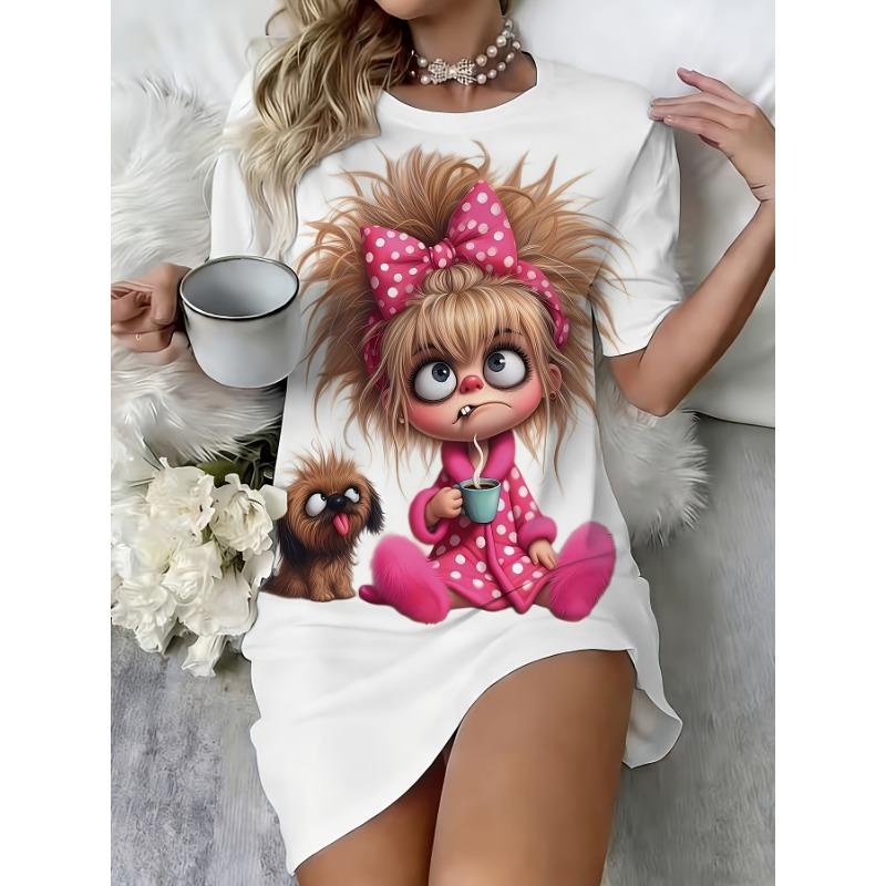 Women's Plus Size Casual T-Shirt Dress with Cute Cartoon and Adorable Puppy Print
