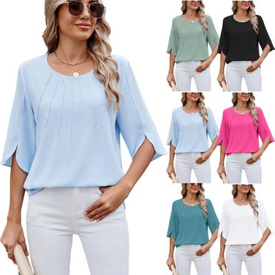 Весна и лето Однотонная шифоновая рубашка с круглым вырезом и рукавом пять минут, свободная футболка