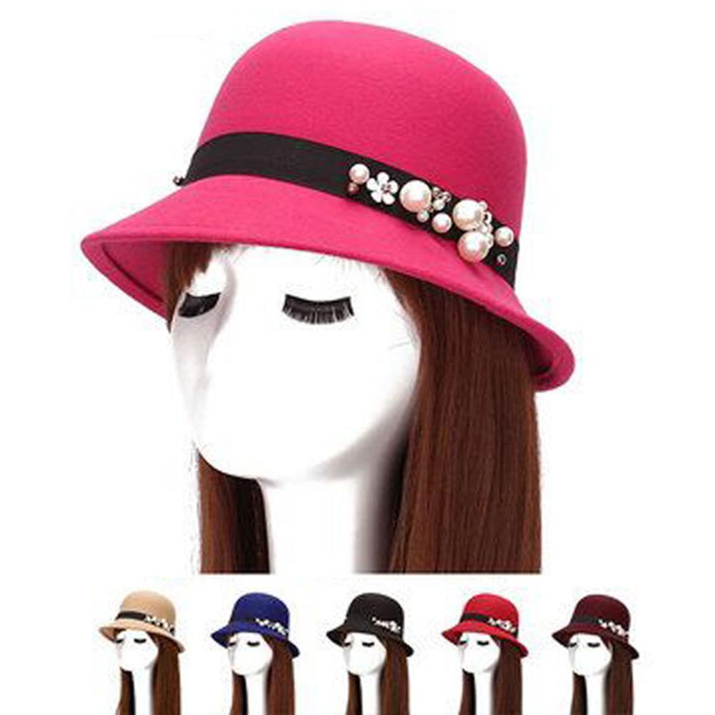 Vintage Women Domed Woollen Hat Adult Fashion Rivets Pearl Decoration Warm Lady Bucket Cap in Winter Autumn Outdoor