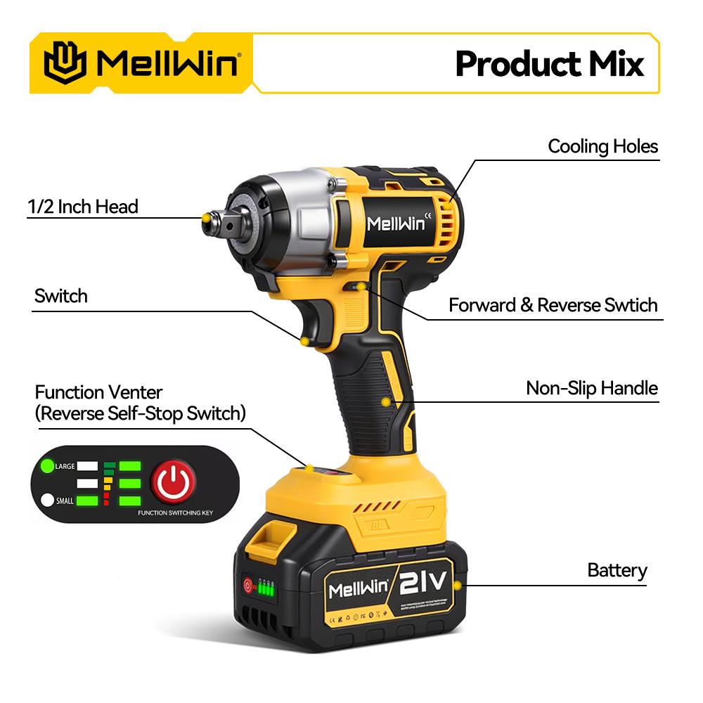 MELLWIN Бесщеточный электрический гайковерт 520 Н·м 3-в-1 Аккумуляторный ударный гайковерт Электрическая отвертка Дрель Для аккумулятора Makita 18 В Штифтовый