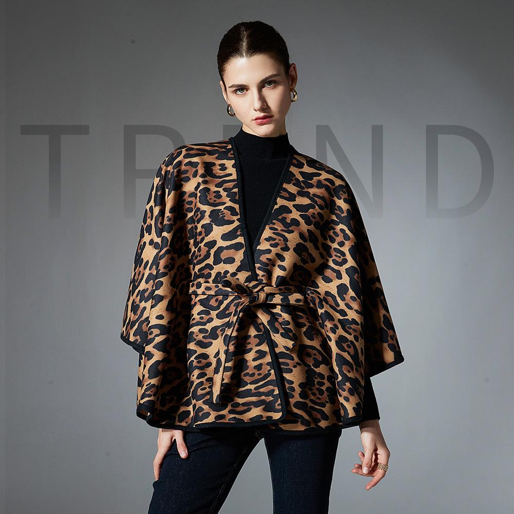 Women Leopard Print Cape Shawl With Belt, Casual Warm Wrap Poncho Coat For Autumn Winter