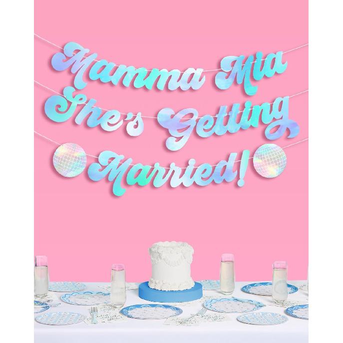 xo, Fetti Mamma Mia She's Getting Married Banner - Blue Iridescent Foil, 5 Ft. | Disco Bachelorette Decorations, 70s Backdrop, Groovy Bach Party,