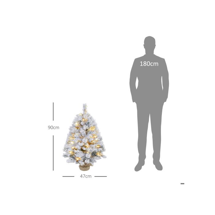 HOMCOM Рождественская елка 92 см, светодиодные огни, заснеженные ветви, сосновые шишки, огнестойкая, бетонная подставка