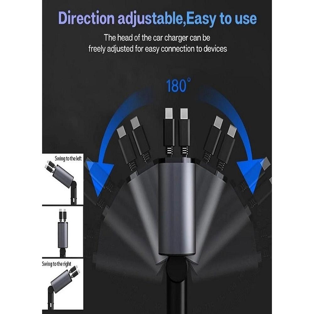 Retractable Car Charger - 4-in-1 Fast Charger with Dual USB Ports & 2.6ft Cable Compatible with iPhone 15/14/13 Pro Max Galaxy S23/S24 – Compact & Mu