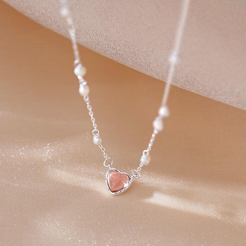 Korean Pink Heart Shape Necklace For Women Shiny Pendant Necklace Chain Party Aesthetic Jewelry Gift