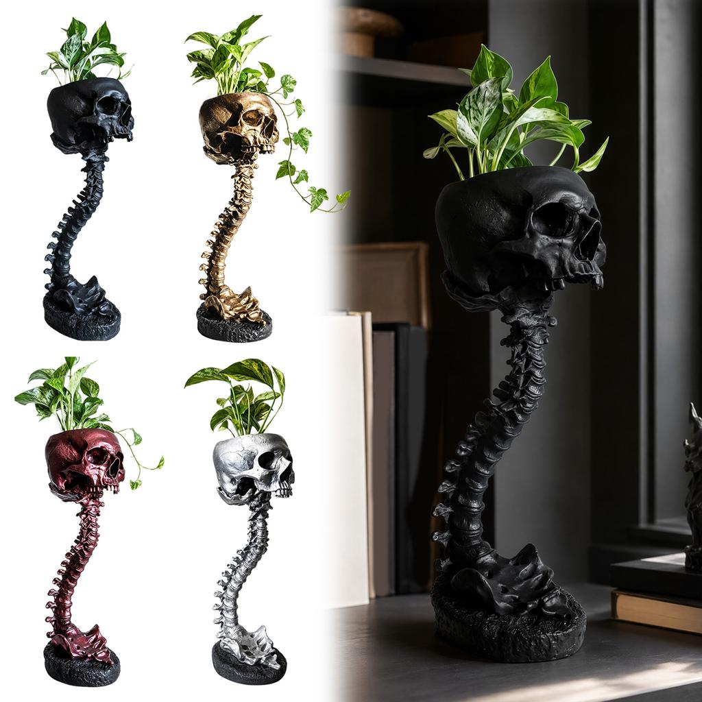 Gothic Skull Head Planter Resin Spine Stand Set Halloween Succulent Pot Home Art Decoration
