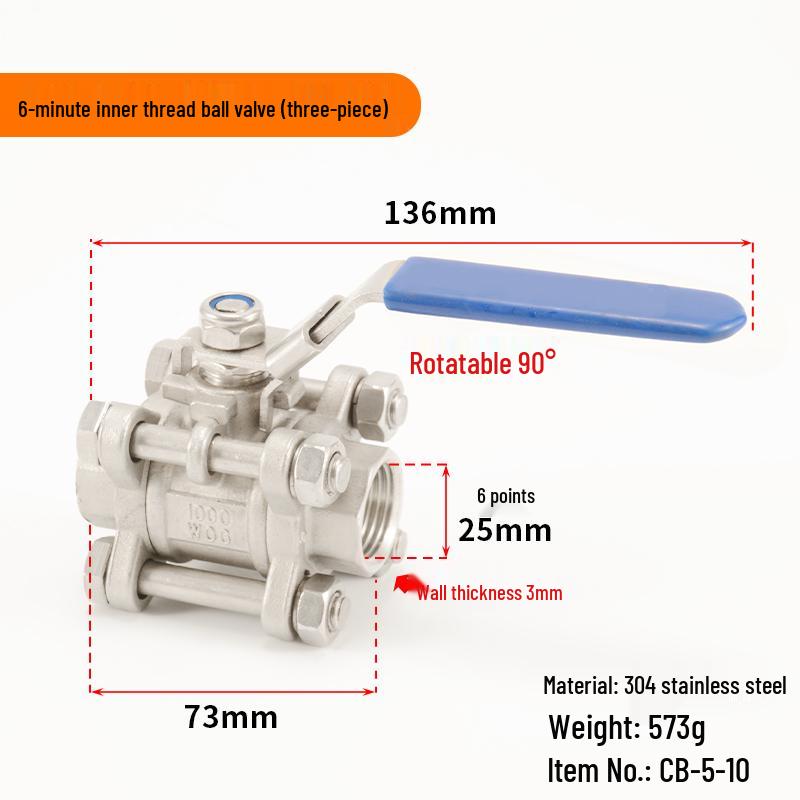 304 Stainless Steel Ball Valve, 1/2/3-Piece, Internal Thread Water Switch, Size DN15/DN10