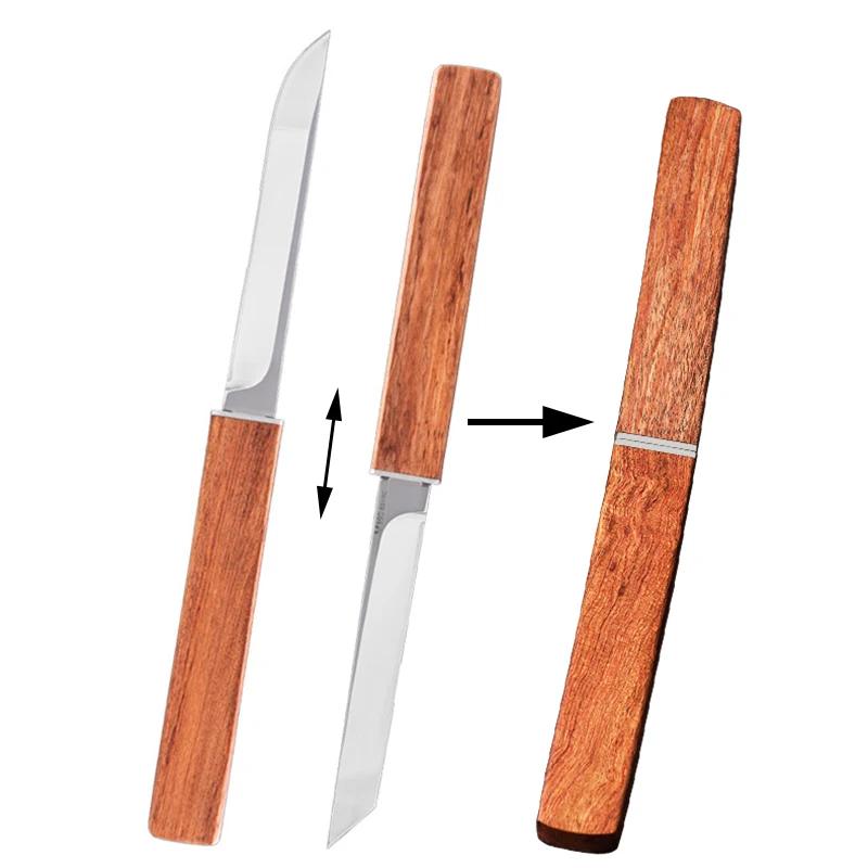 Stainless Steel Double-edged Fruit Kitchen Knife 1 Pair Carving Knife with Wooden Handle Outdoor Fishing Barbecue Knife Portable Self-defense Knife