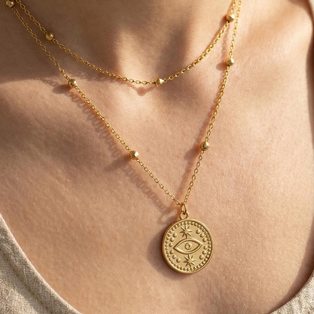 Двухслойное ожерелье с глазом Фатимы, покрытое 18-каратным золотом, с простым дизайном