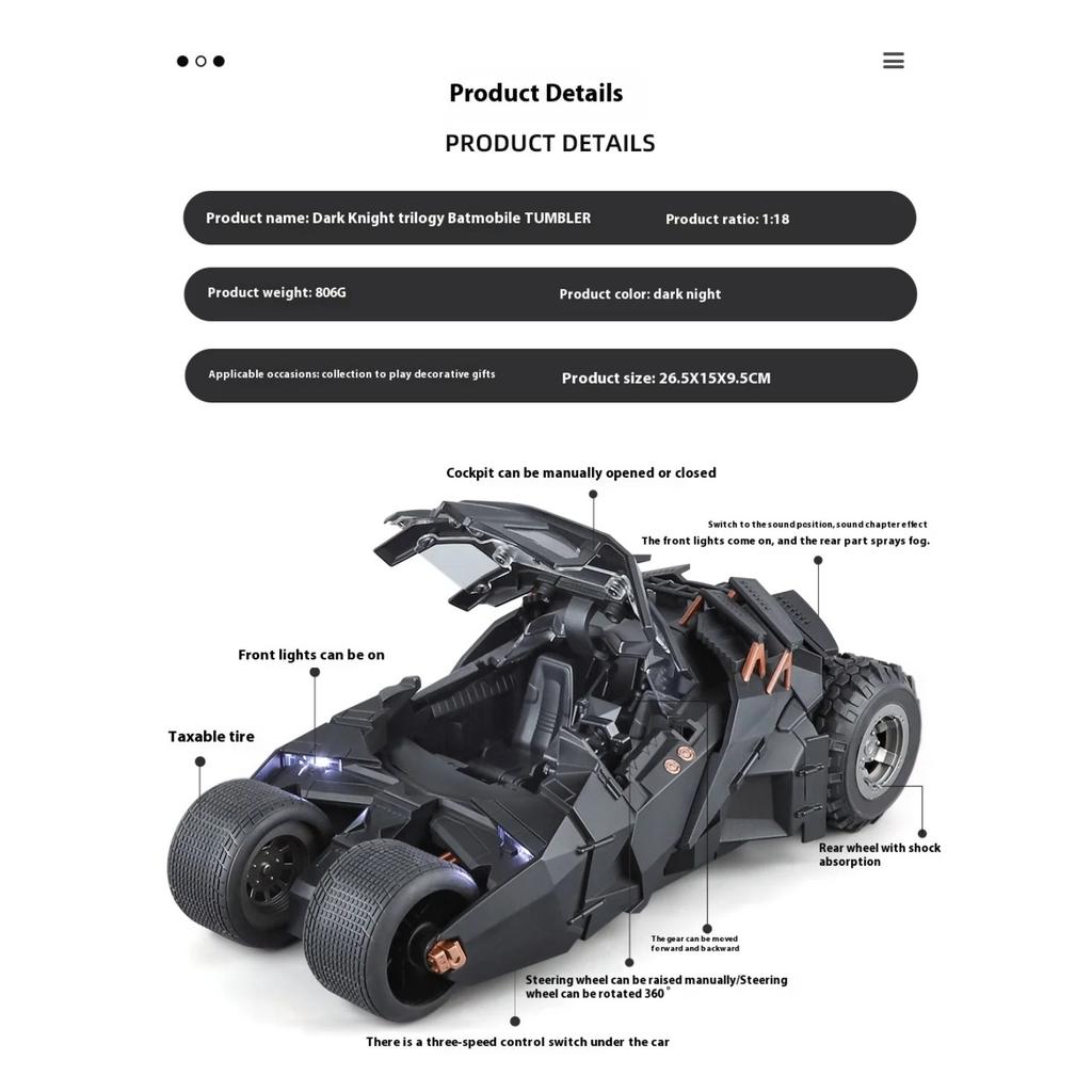 1/18 Scale Batmobile Tumbler Slide Spray Truck Alloy Metal Diecast Car Model Sound & Light Collectibles Hobby Decoration Birthday Gift