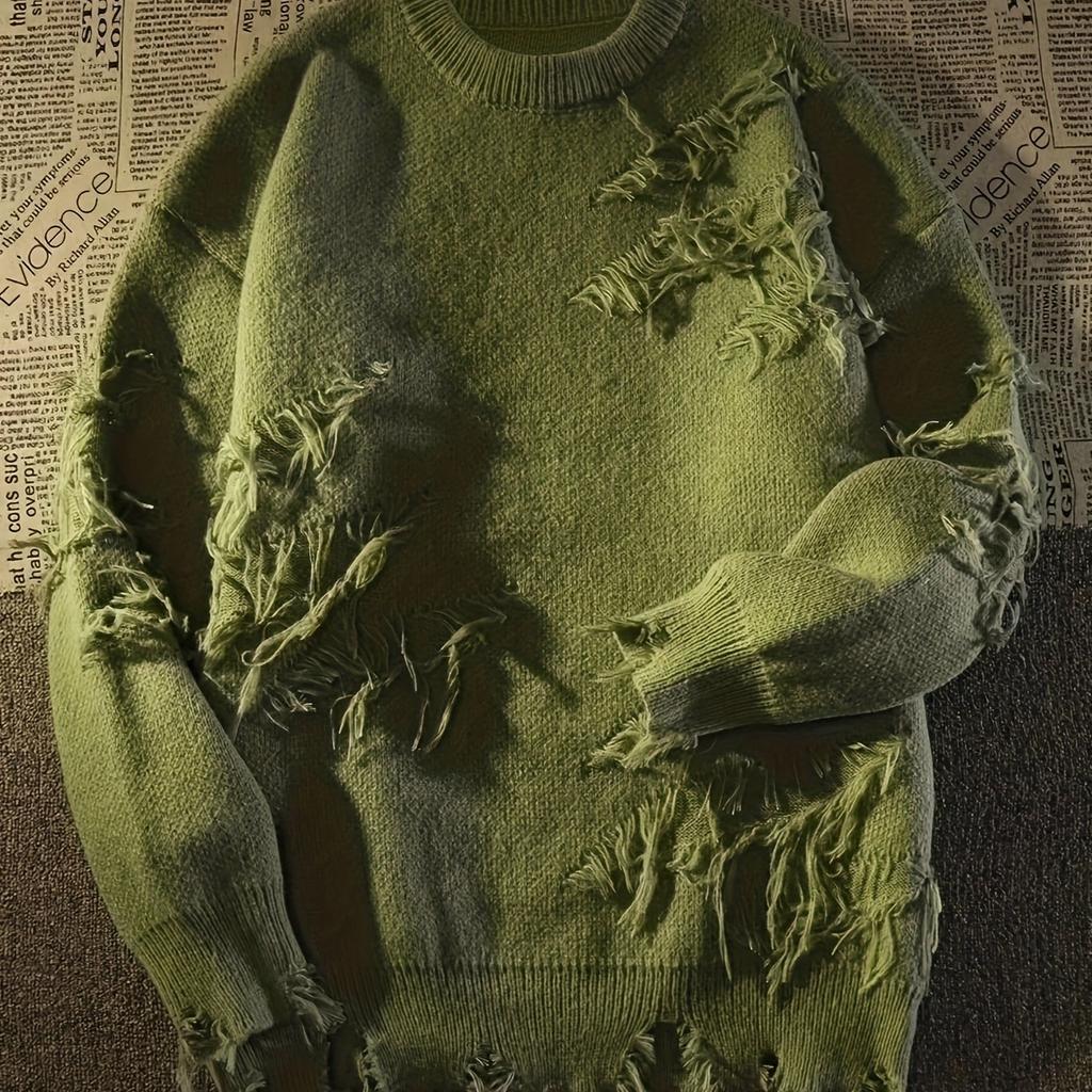 Однотонный свитер с круглым вырезом, повседневный вязаный свитер с длинными рукавами и рваными кисточками для осени и зимы, женская одежда