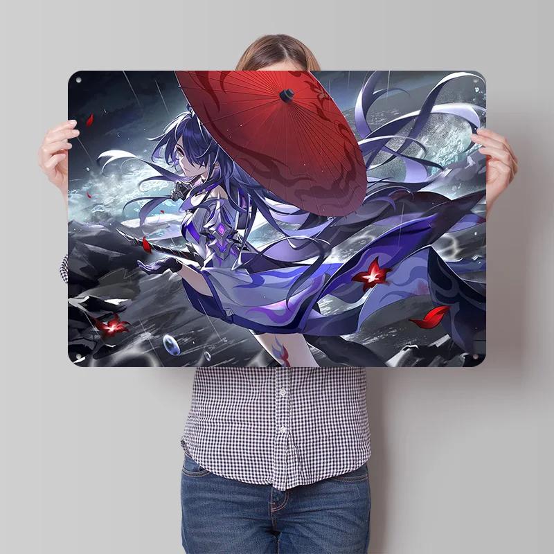 Anime Girl With Umbrella in the Rain Personalized D Textured Metal Poster Wall Art Tinplate Sign for Decoration Garage House