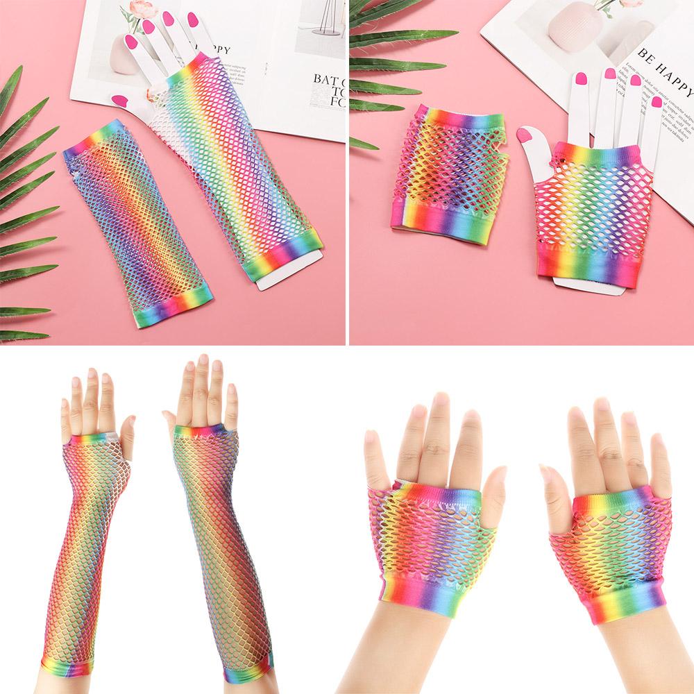 Fashion Wedding Party Colorful Disco Dance Hollow Out Holes Gloves Fingerless Mesh Net Rainbow