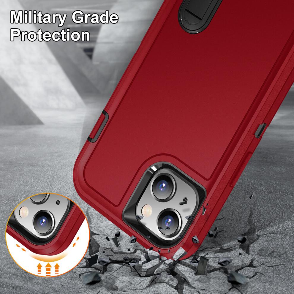 (iPhone 14, Red-black) Shockproof Protective iPhone 15 14 Plus Pro Max XR XS Max Case with Stand