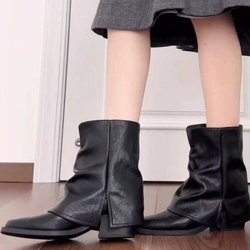Elegant Thick Heel White Ankle Boots Women 2025 Winter Pointed Toe Medium Heel Black Pleated Chelsea Boots Woman's Shoes Autumn