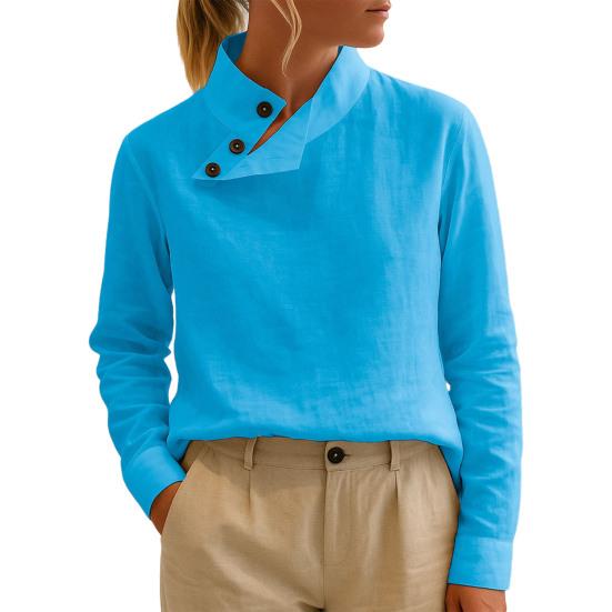 Женские топы Стойка воротник Скошенный пуговичный вырез Длинный рукав Пуловеры Однотонный Свободный крой Повседневные топы Для работы Вечеринки Повседневной носки