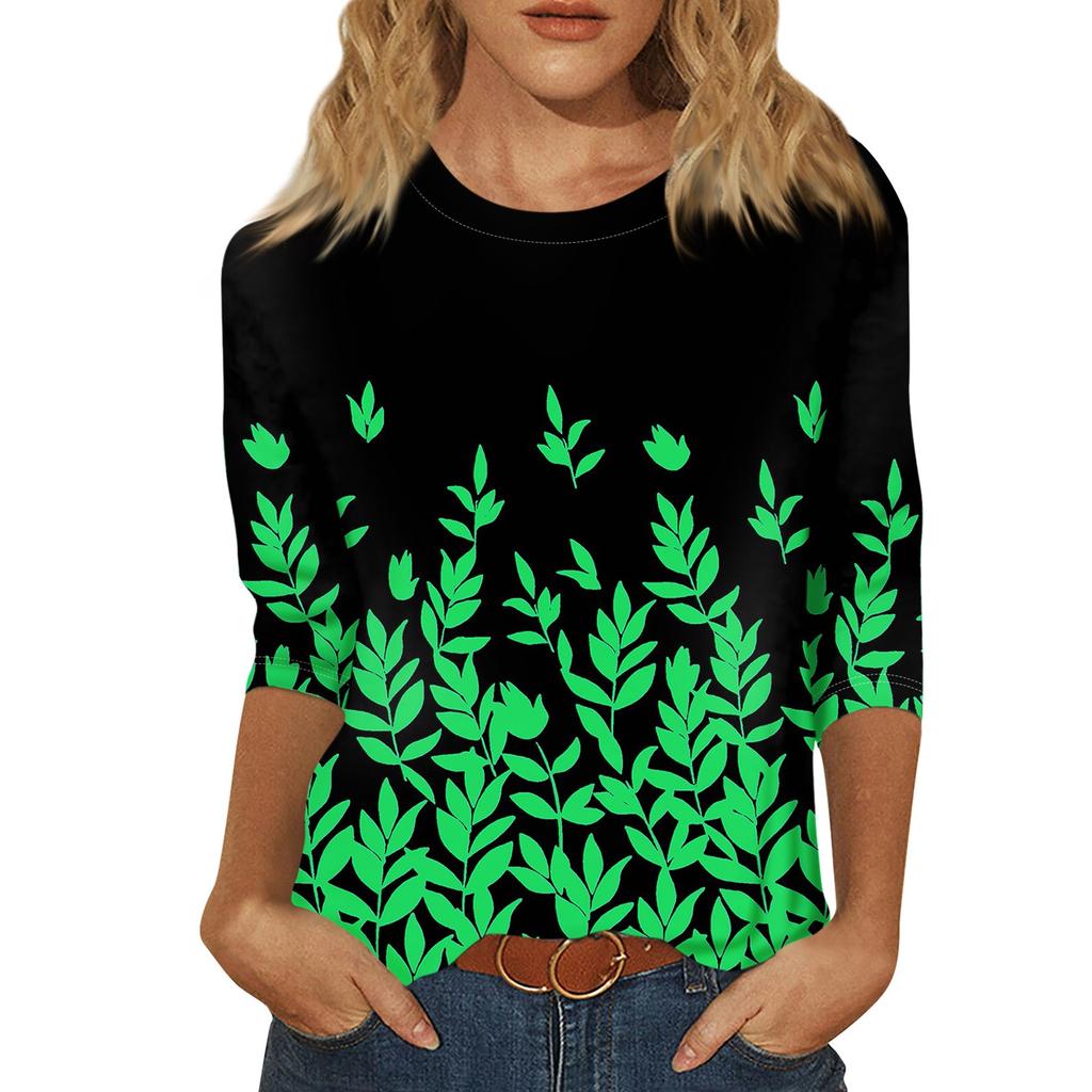 Women's Summer Fashion Casual Seven Quarter Sleeves Floral Printed Round Collar High Quality Pullover Top Female Clothes