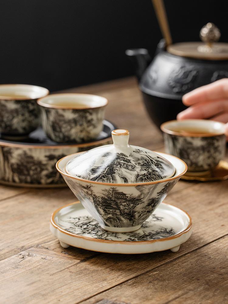 130 мл фарфоровый набор гайвань Ru Kiln Landscape для чая супница чайная посуда чашка китайская желтая керамическая открывающаяся чаша для чая чайная церемония