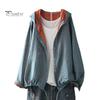 Women Spring Autumn Coat Hooded Drawstring Hem Long Sleeve Printing Loose Zipper Closure Jacket with Pockets Daily Wear Commuting Outerwear