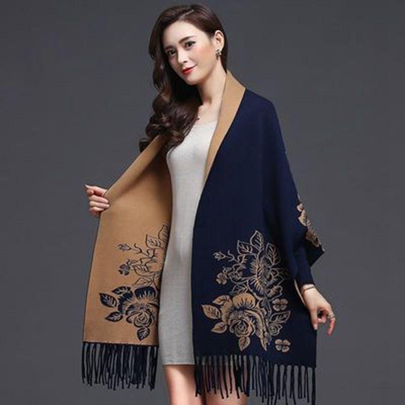 New Cashmere Tassel Poncho Shawl Dual-purpose Scarf Women Knitted Sweater Top Retro Cheongsam Cloak Cape Coat Outside Clothing