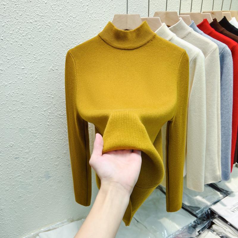 Autumn Warm Velvet Knitted Women's Sweater Casual Winter New Thicken Half High Collar Base Pullover Sweaters Elegant Solid Slim Plush Knitwears 25206