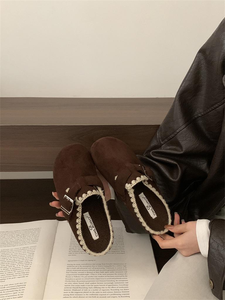 Autumn thick-bottomed velvet bag head half slippers women's autumn and winter wear with skirts retro warm Birkenstock half slippers