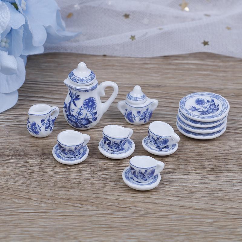 15Pcs Portable Blue Flower Tableware Porcelain Coffee Tea Cups Universal 1:12 Dollhouse Miniature