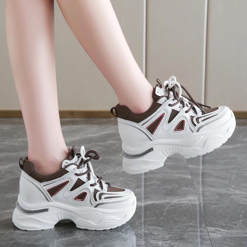 Fashion Mix Color Platform Sneakers Women Spring Pu Leather Thick Bottom Vulcanize Shoes Female Lace-Up Non-Slip Sports Shoes Ladies