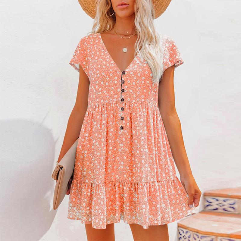 Summer Women'S Chiffon Dress Sexy V-Neck Floral Mini Beach Dresses Fashion Ruffles Button Loose Femme Sundress Vestido