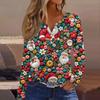 Women's Fashion Casual V-Neck Button-Up Long-Sleeve T-Shirt With Christmas Print Top