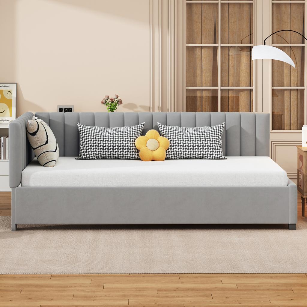 Upholstered Bed Sofa Bed 90*200 Multifunctional Bed with Slatted Frame Skin-Friendly Velvet Fabric Gray