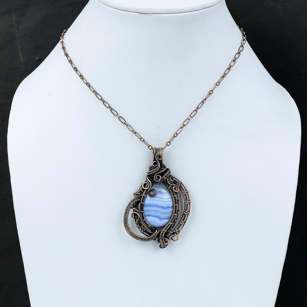 Кулон из синего кружева с агатом, кулон, обернутый медной проволокой, медные украшения ручной работы, очень красивый кулон с драгоценным камнем, подвеска из проволочной обертки для подарка