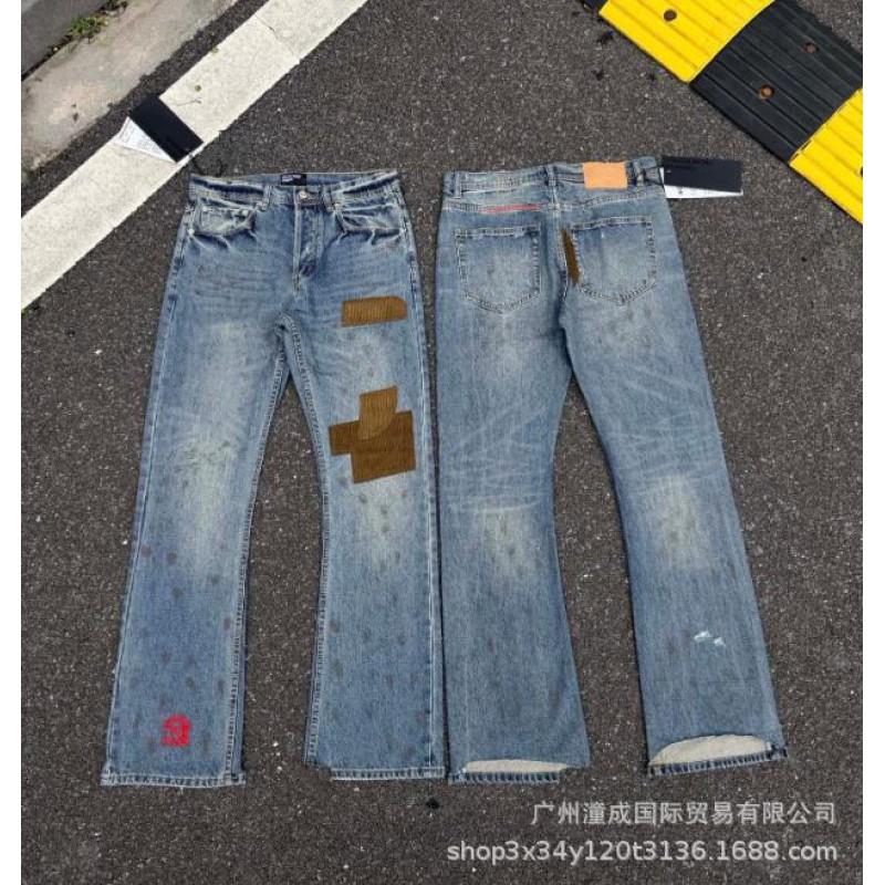 Men Women High Street Distressed Denim Jeans With Embroidery Patch Straight Fit Water Washed Slim Flare Trousers