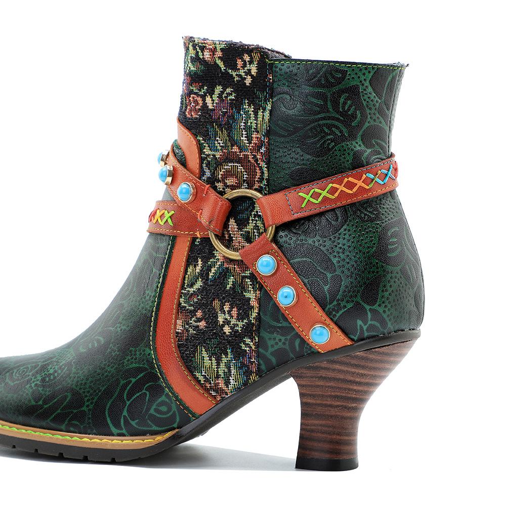 Johnature Сапоги из натуральной кожи. Модные женские туфли на высоком каблуке. Короткие сапоги в стиле ретро с заклепками в стиле пэчворк.