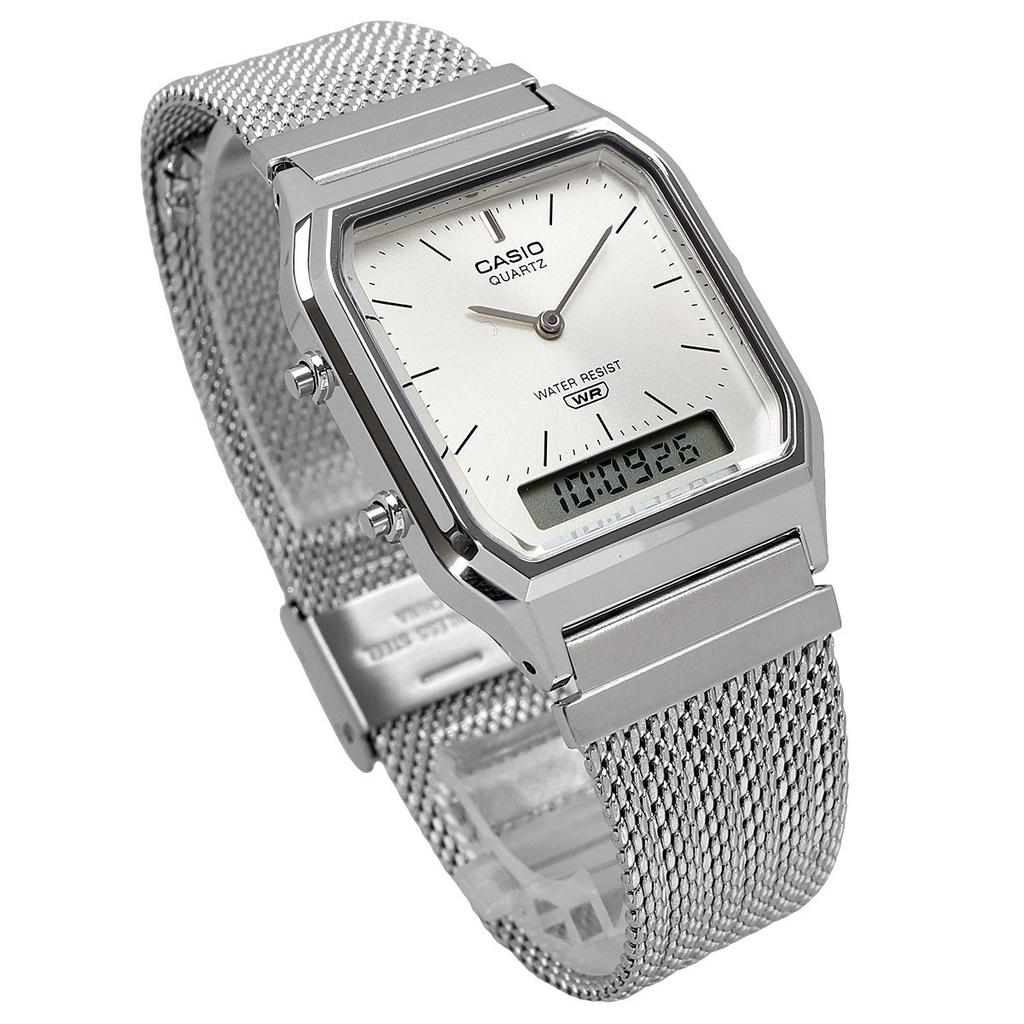 Casio Кварцевые часы Серия Vintage Металлический сетчатый ремешок Двойное время Серебристый Аналогово-цифровые AQ-230EM-7A