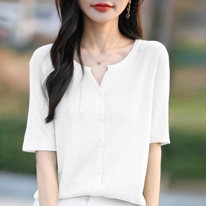 Women's Spring and Summer New Thin Short-sleeved Worsted Soft Knit Cardigan T-shirt Open Collar Small Shirt