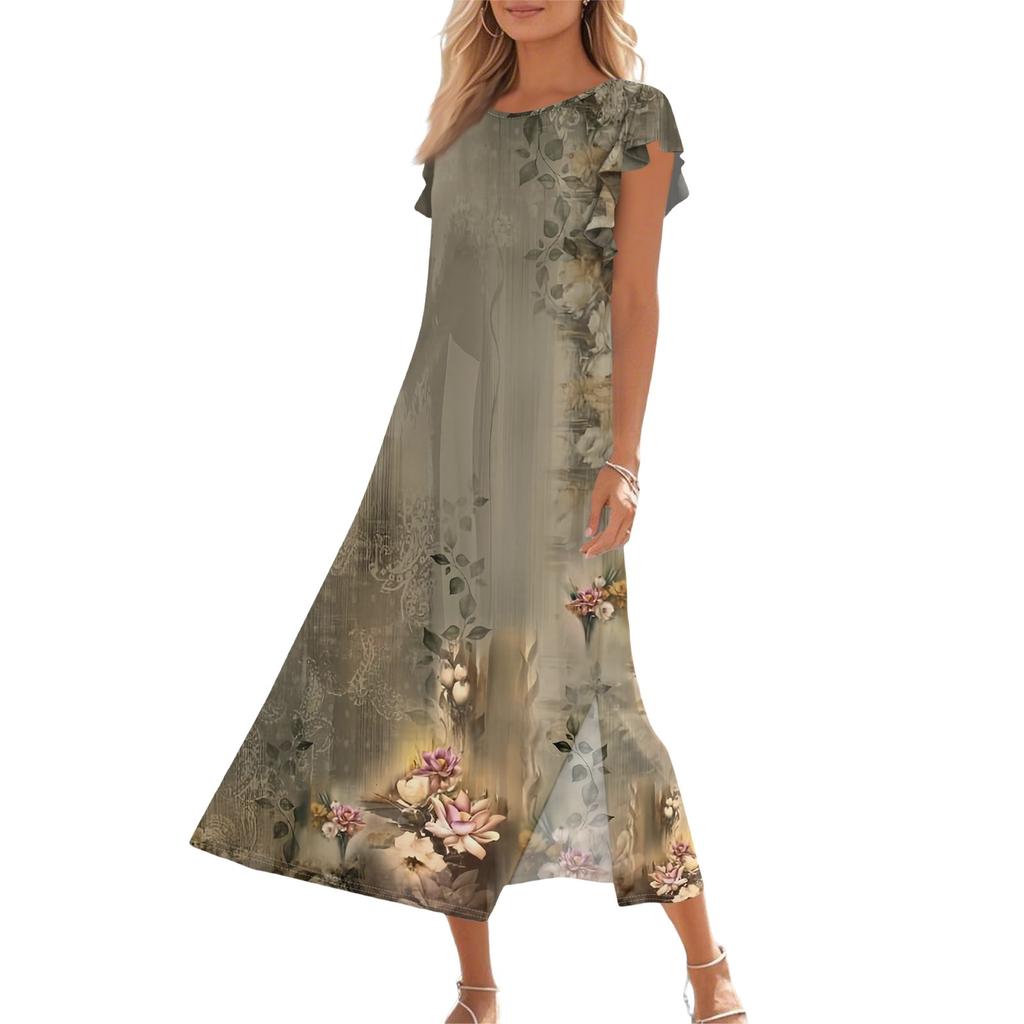 Женское модное летнее повседневное пляжное платье с плиссированными рукавами, свободным ретро-цветочным принтом, короткими рукавами, круглым завязкой и карманом