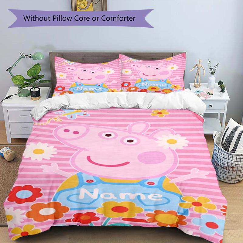 3Pcs Custom Name Peppa Pig Bedding Set Duvet Cover Closure Includes 1Duvet Cover 2Pillowcases Soft And Comfortable For All Seasons